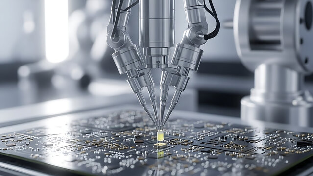 Robotic arm assembling circuit board, microchip manufacturing process.