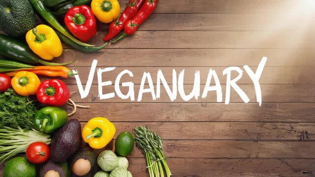 Bright and colorful flat lay of fresh vegetables, fruits, and plant-based products arranged around the word "Veganuary" written in stylish chalk on a wooden surface