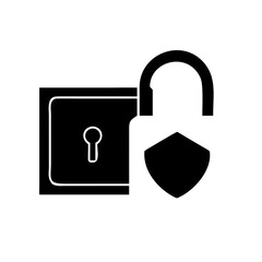 Illustration of an unlocked safe with a shield overlayed on transparent background