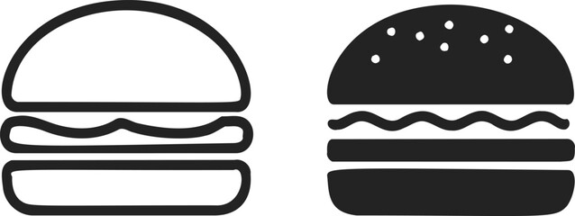 Hamburger icon sketch, hand drawn style, simple burger outline and filled silhouette. Vector illustration
