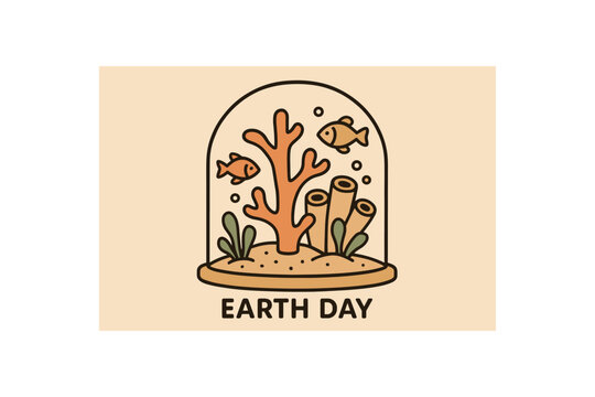 Flat vector illustration of coral and fish protected under glass dome soft rounded shapes clean outline earth day cozy eco style