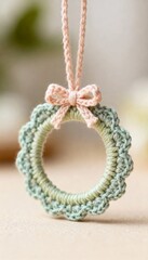 Delicate handmade crochet wreath ornament with pastel bow adding charm to holiday decor or crafting projects, evoking nostalgia and festive spirit