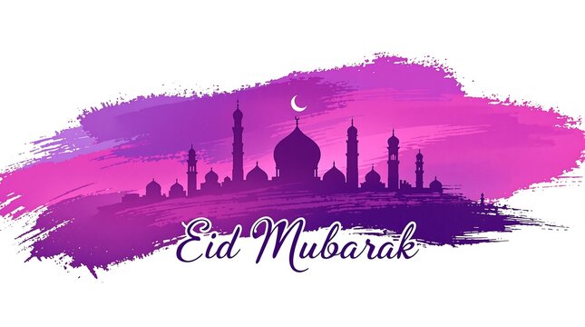 Eid mubarak greeting card islamic festival celebration mosque silhouette purple watercolor background design