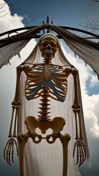 Ominous skeleton standing beneath a metal archway draped in torn white fabric against a dark stormy sky, in a cinematic 3D animation for Halloween and horror concepts