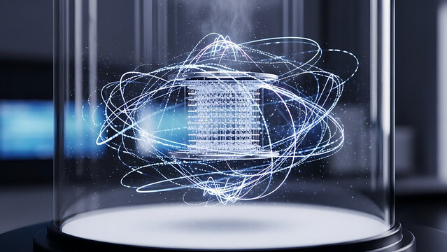 Quantum data processing core with intricate energy lines inside.