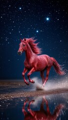 Beautiful conceptual New Year poster with the symbol of the year - a red horse, an abstract horse running at night