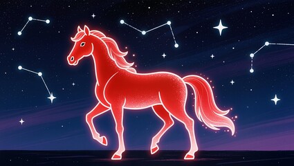 Abstract red horse running against a bright starry sky, a beautiful horse against the backdrop of constellations