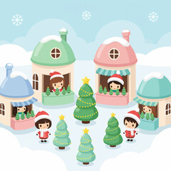 Tiny toy-like Christmas market with plump round houses, chibi sellers, micro Christmas trees, small twinkling lights