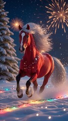 A beautiful, fairytale-like winter New Year's card depicting a red horse running through snowdrifts during a festive nighttime fireworks display