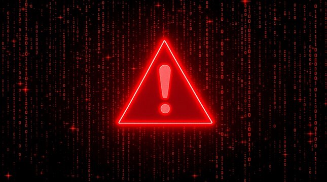 Red alert warning sign on binary code background for cyber security threat and system error concept