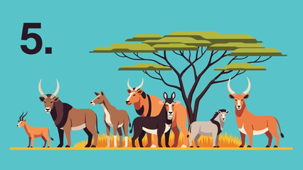 Obraz premium Diverse African Antelopes Gathered Under an Acacia Tree in the Savanna.