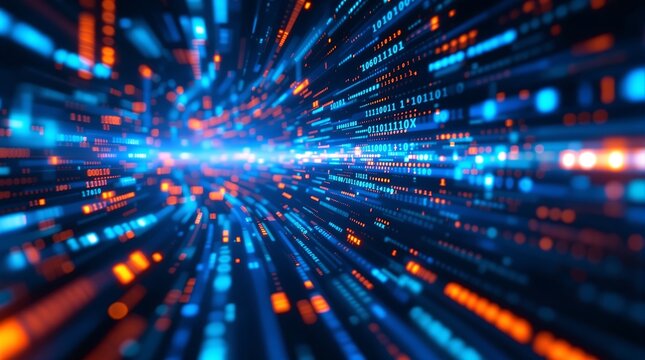 Abstract technology background with digital data stream and binary code for tech innovation 100