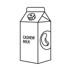 Simple line drawing illustration of a carton of cashew milk with a cashew nut symbol