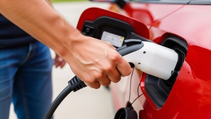 Close Up of Person Holding Electric Vehicle Charger While Charging Red Electric Car in Charging Station on Sunny Day Outdoors in Summer