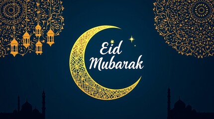 Eid mubarak greetings card design with crescent moon lanterns and islamic patterns for celebration 2024