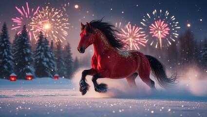 A beautiful fairytale red horse runs through snow-covered snowdrifts during a festive night fireworks display