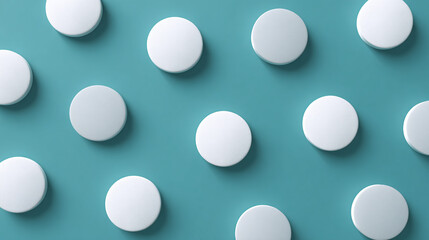 A collection of white pills arranged in a pattern on a turquoise surface, hinting at medication, wellness, and healthcare.