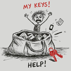 Lost Keys. Frantic cartoon character searching for keys in a large bag  