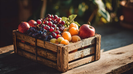 Freshly harvested fruit assortment in a rustic wooden crate outdoors