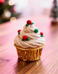 Festive handcrafted yarn cupcake, perfect for creative Christmas projects, holiday decor, and unique gift ideas, evoking cozy winter warmth