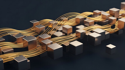 Abstract digital data flow network with golden wires and cubes