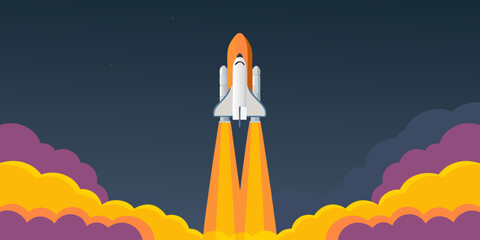 Cartoon space shuttle launching into space with colorful smoke clouds © Piku