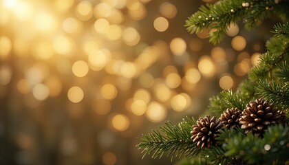 Dreamy Christmas spirit with pinecones and bokeh lights creates holiday magic, perfect for backgrounds, cards, and seasonal promotions