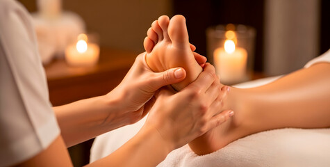 Female masseuse performs foot massage on woman. Pedicure and relaxation spa treatment. Health and wellness concept for beauty salon.