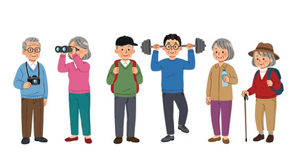Fototapeta premium Cartoon illustration of diverse group of active senior people engaging in activities