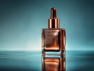 Aesthetic small brown glass bottle with cosmetic product isolated on a blue background
