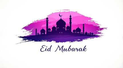 Eid mubarak background vector illustration with mosque silhouette and crescent moon for islamic festival