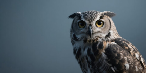 Fototapeta premium Close up front portrait of a great horned owl or eagle owl showing ear tufts and piercing yellow eyes against a clean blue gray background
