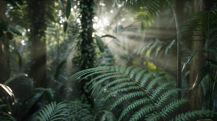 Sunlight streams through lush forest canopy illuminating ferns