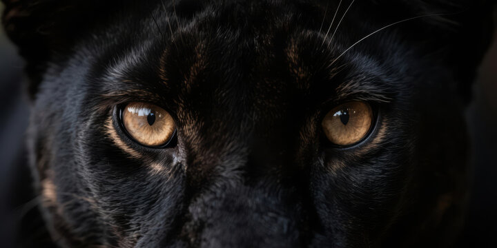 Highly detailed extreme close up portrait of a black panther or jaguar face showing both striking golden eyes against a dark background