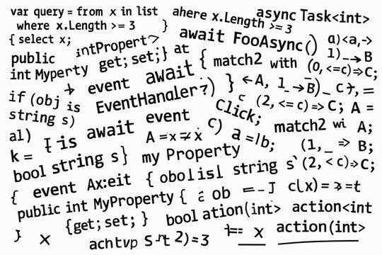 a large collage of our programming codes, absolutely chaotic, black text on a white background