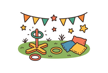 Naklejka premium Baby kids party flat vector illustration collection of cute party icons backyard games: ring toss bean bags flag bunting stars arranged horizontal composition handdrawn outlines bright