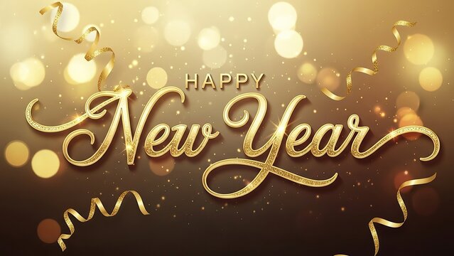 Sparkling golden happy new year greeting with confetti and bokeh lights - Powered by Adobe