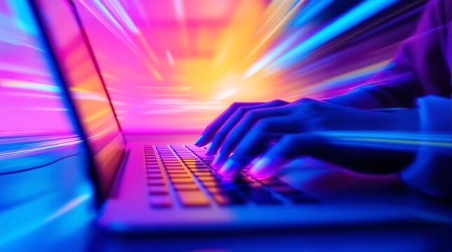Typing on laptop fast internet speed concept for online gaming and streaming with neon color effects