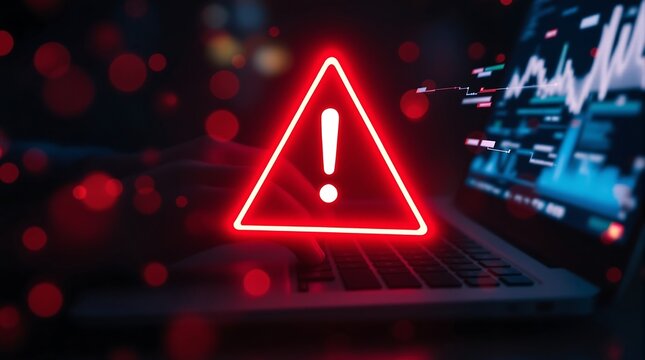 Cyber security alert on laptop screen with red warning sign for virus and malware attack protection - Powered by Adobe