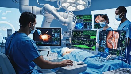 A robotic surgical procedure is performed by a team in an operating room with advanced technology - Powered by Adobe