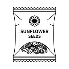 Black and white illustration of a package of sunflower seeds with a sunflower and seeds graphic