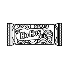 Black and white illustration of a wrapper for ho hos snacks with swirling icing and rolled cakes