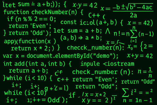 collage with programming language codes in green on a black background