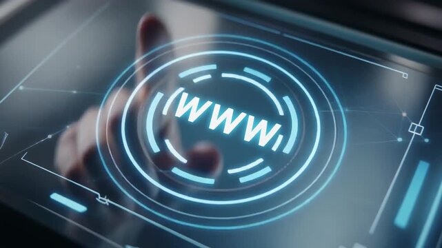 Futuristic digital screen displays 'www', activated by touch. Represents global http web access, secure .com connectivity, and seamless online interaction
