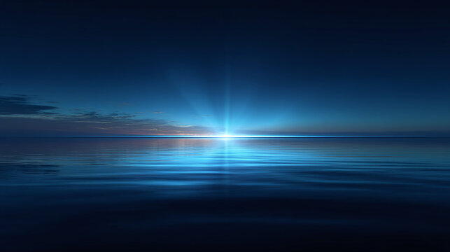 A radiant celestial dawn over tranquil waters, bathed in cool hues. The sky is a mix of dark and light, with the sun rising above the horizon