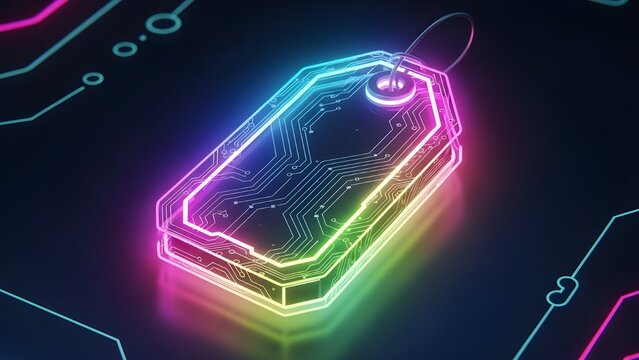 Neon Glowing Futuristic Price Tag Illustration – Cyber Style Vibrant Light Design
