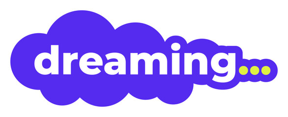 Purple cloud shaped Dreaming text sticker with cute aesthetic style for sleep or imagination theme design