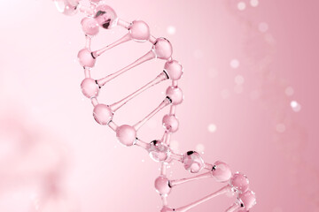 Abstract pink DNA strand with glowing particles for PDRN cosmetic skin care background. 3D render