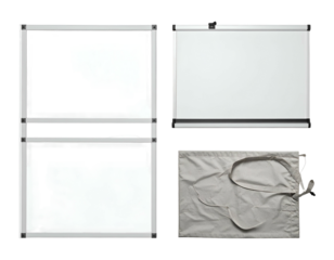 Modular display kit two frames, white panel, and a drawstring bag