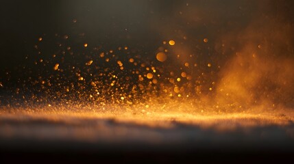 Naklejka premium Abstract glowing particles and bokeh lights illuminated by warm golden hour light against a dark atmospheric background